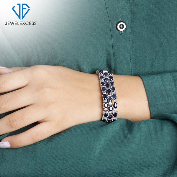 Sapphire Bracelet for Women – Genuine, Triple-Row Sapphire Jewelry – 925 Sterling Silver Bracelets – Birthstone Bracelet Sterling Silver Jewelry