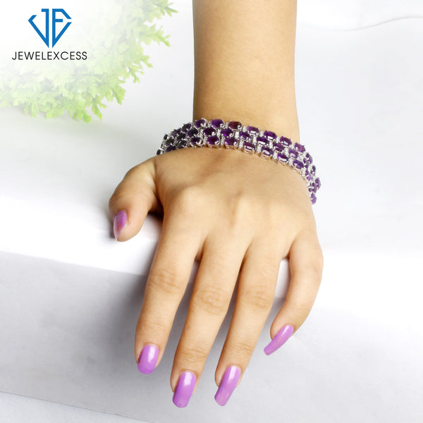 Genuine, Triple-Row Purple Amethyst Jewelry – 925 Sterling Silver Bracelets – Birthstone Bracelet Sterling Silver Jewelry Gifts for Women