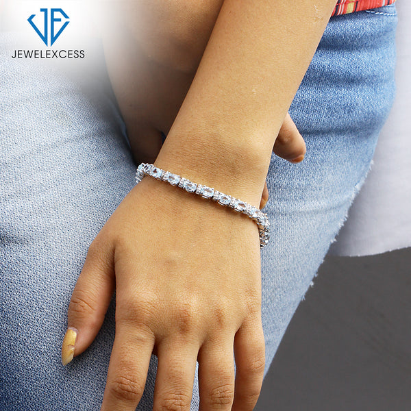 Sky Blue Topaz Bracelet for Women – Genuine, Single-Row Blue Sky Blue Topaz Jewelry – 925 Sterling Silver Bracelets – Birthstone Bracelet Sterling Silver Jewelry Gifts for Women