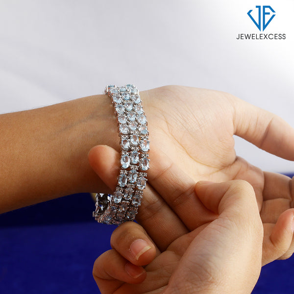 Sky Blue Topaz Bracelet for Women – Genuine, Triple-Row Blue Sky Blue Topaz Jewelry – 925 Sterling Silver Bracelets – Birthstone Bracelet