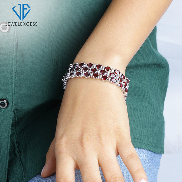 Garnet Bracelet for Women – Genuine, Triple-Row Red Garnet Jewelry – 925 Sterling Silver Bracelets – Birthstone Bracelet Sterling Silver Jewelry