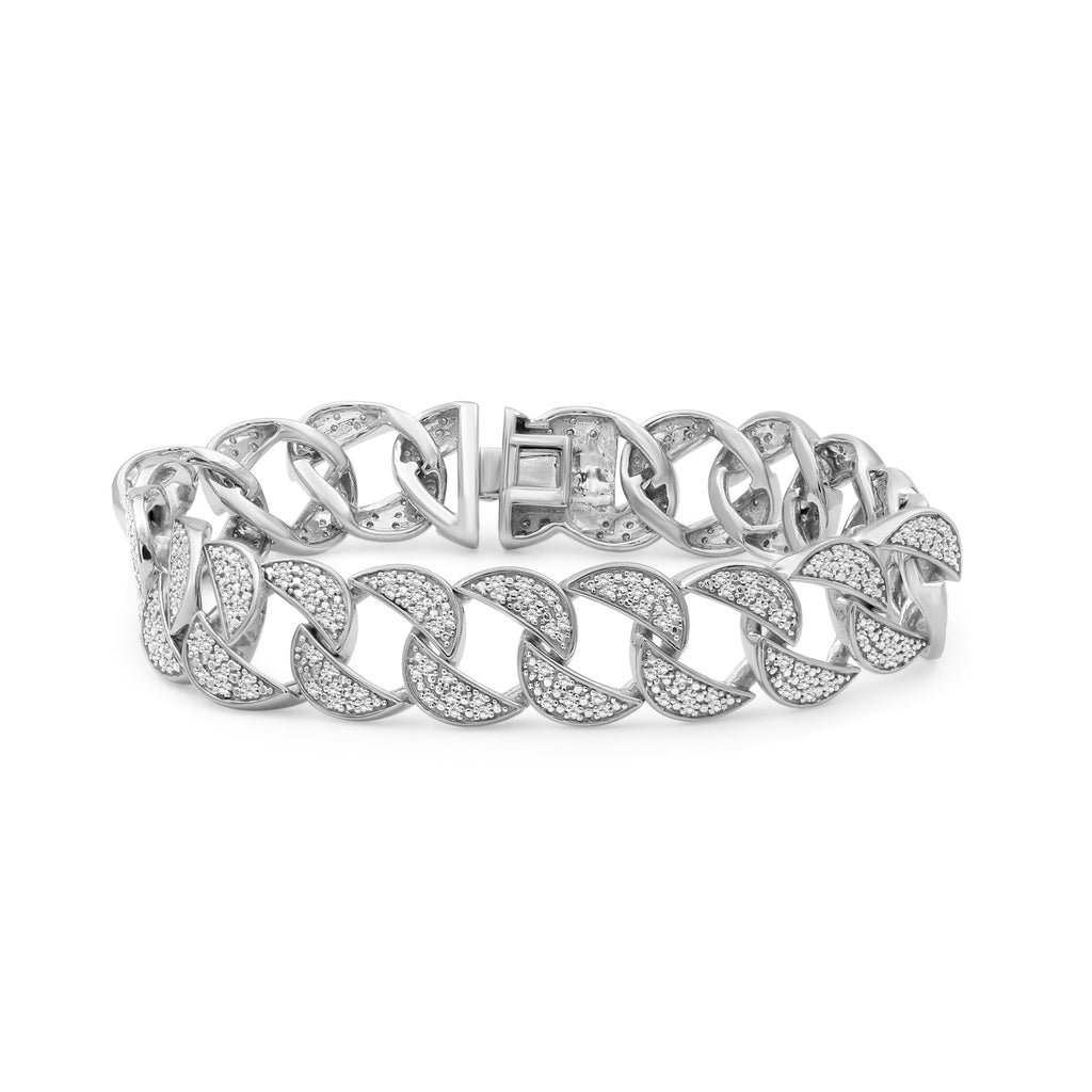 Men's 1/10 CT. T.W. Diamond Multi-Finish Double Groove Rectangle Link  Bracelet in Stainless Steel - 8.5