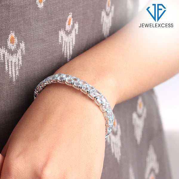 Sky Blue Topaz Bracelet for Women – Genuine, Double-Row Sky Blue Topaz Jewelry – 925 Sterling Silver Bracelets – Birthstone Bracelet Sterling Silver