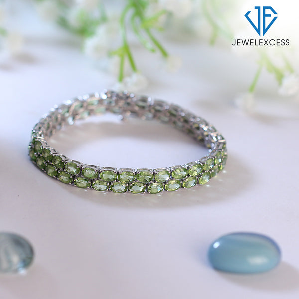 Peridot Bracelet for Women – Genuine, Double-Row Green Peridot Jewelry – 925 Sterling Silver Bracelets – Birthstone Bracelet Sterling Silver