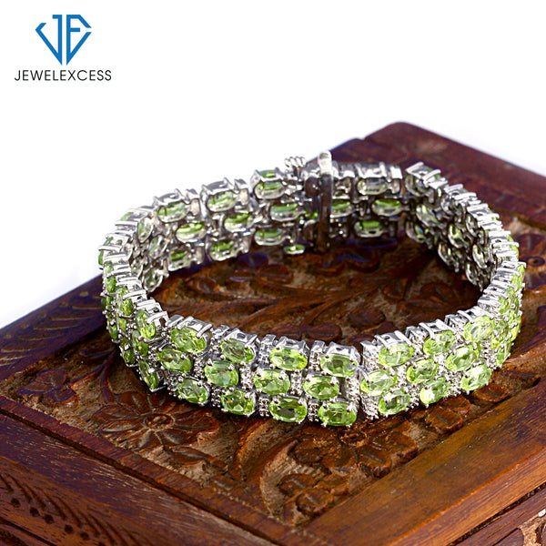 Peridot Bracelet for Women – Genuine, Triple-Row Green Peridot Jewelry – 925 Sterling Silver Bracelets –Birthstone Bracelet Sterling Silver Jewelry Gifts for Women