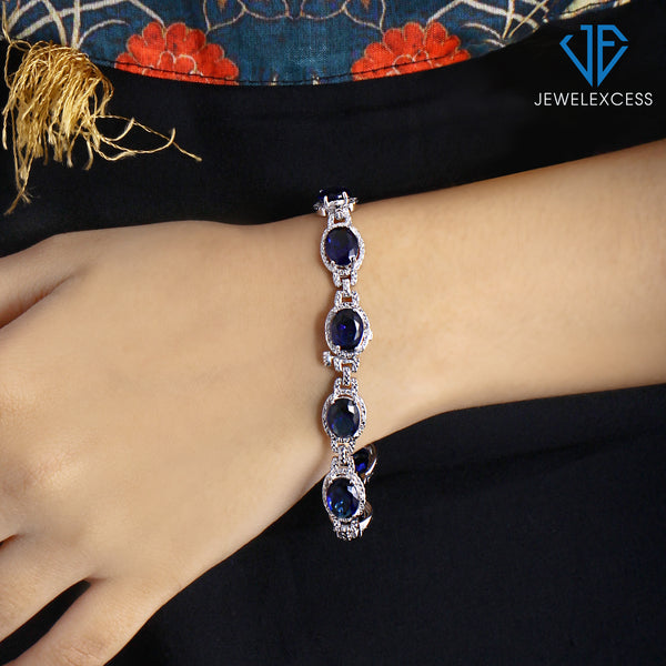 Blue Bracelet for Women – 925 Sterling Silver Bracelets for Women – Halo Bracelet with 14 CTW Created Sapphire, White Diamonds