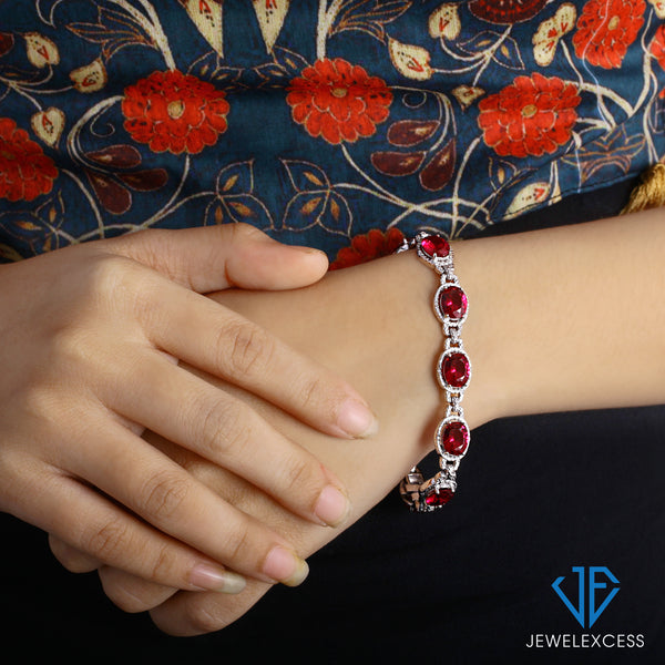 Red Bracelet for Women – 925 Sterling Silver Bracelets for Women – Halo Bracelet with 14 CTW Create Ruby, White Diamonds – Womens Bracelet Created Ruby Jewelry for Women – Birthday Gifts