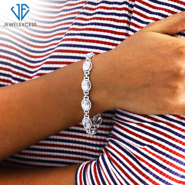 White Bracelet for Women– 925 Sterling Silver Bracelet for Women– Halo Bracelet with 14 CTW Created White Sapphire,White Diamond–Created White Sapphire Bracelet for Women–Birthday Gifts