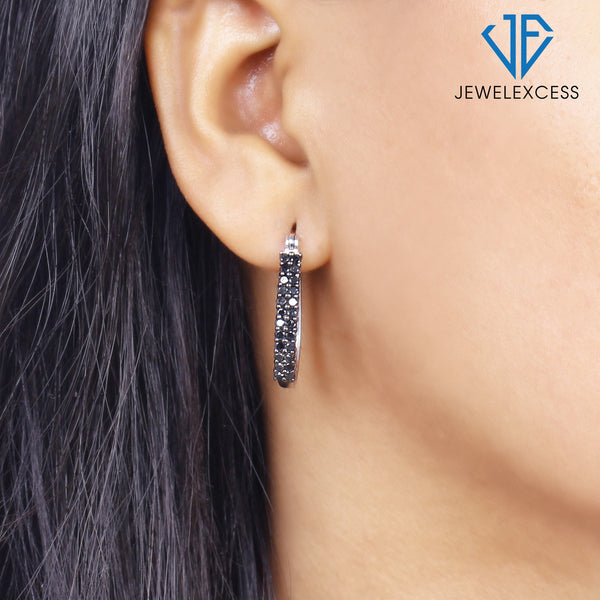 Black Diamond Earrings Women – 1-Carat Black Diamonds Sterling Silver (.925) or 14K Gold-Plated Silver Hoop Earrings – Small Hoop Earrings Diamond Hoops – Hypoallergenic Black Hoop Earrings for Women