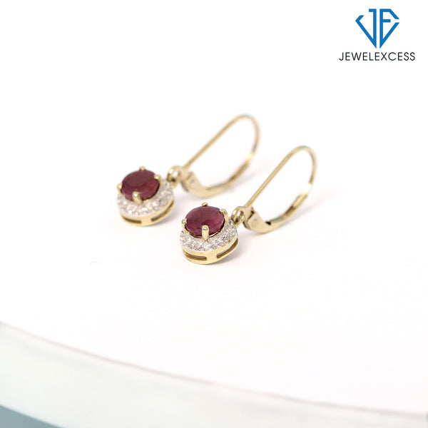 1.35 CTW Ruby Drop Earrings – 14k Gold-plated Silver (.925)| Hypoallergenic Drops for Women - Round Cut Set with Lever Backs