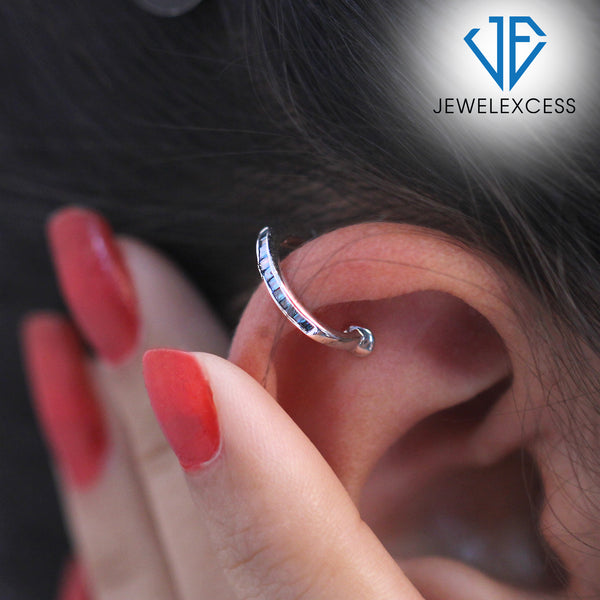 Sterling Silver Ear Cuffs for Women Non Piercing – 1/10 Carat Blue Diamond Ear Cuff Set with Hinged Hoop Comfort Clasps – Silver Ear Cuff Earrings