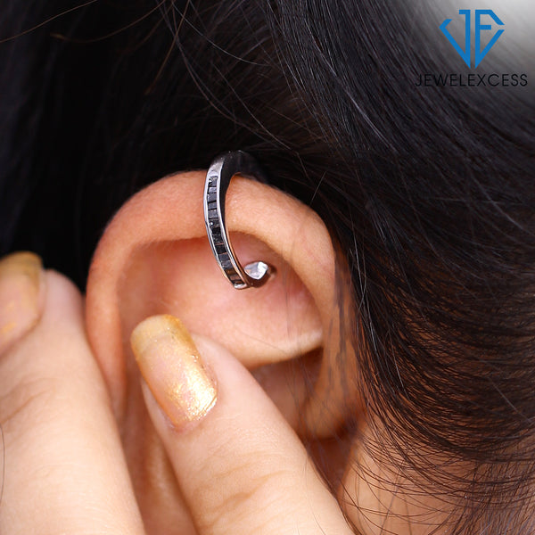 Sterling Silver Ear Cuffs for Women Non Piercing – 1/10 Carat Black Diamond Ear Cuff Set with Hinged Hoop Comfort Clasps – Silver Ear Cuff Earrings