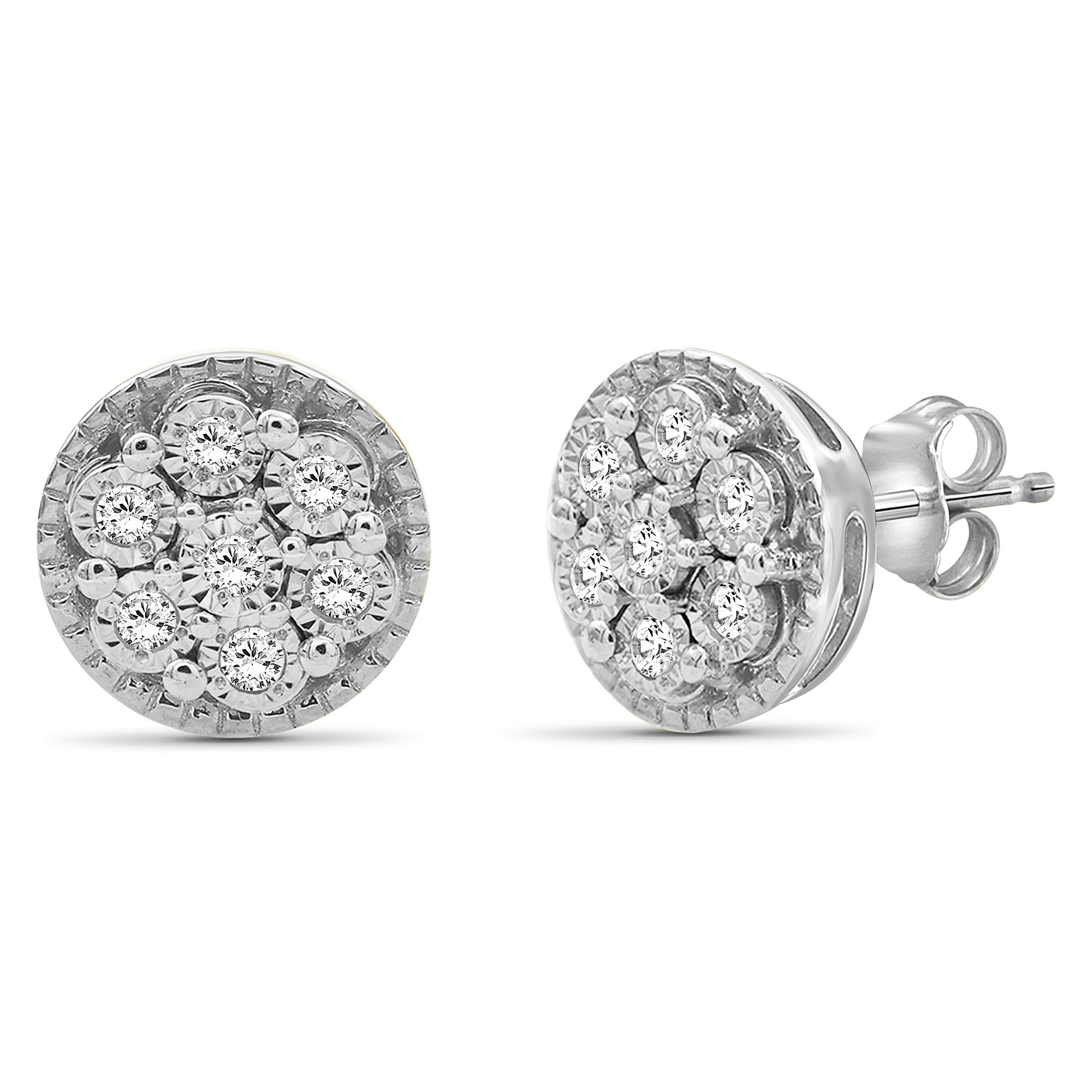 White Diamond Earrings for Women | 1/10 CTW White Diamond Cluster Earrings | Real Diamond Studs, Hypoallergenic Sterling Silver | Secure Push-Back Stud Earrings for Women