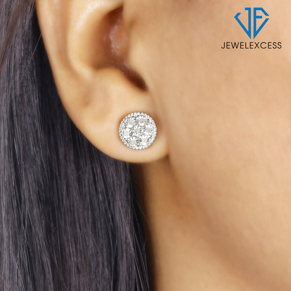 White Diamond Earrings for Women | 1/10 CTW White Diamond Cluster Earrings | Real Diamond Studs, Hypoallergenic Sterling Silver | Secure Push-Back Stud Earrings for Women