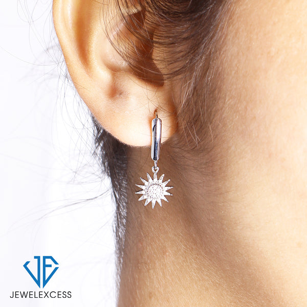 Diamond Sun Earrings for Women – .925 Sterling Silver Sun Earrings – Genuine White Diamond Jewelry – Sun Charm Birthday Gifts