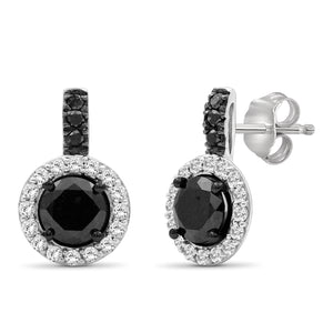 Diamond Halo Earrings – 3.00 CTW Black & White Diamond Halo Earring, Sterling Silver Earring Band – Black Earring Diamond Earrings for Women – Birthday Gifts