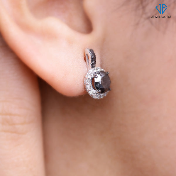 Diamond Halo Earrings – 3.00 CTW Black & White Diamond Halo Earring, Sterling Silver Earring Band – Black Earring Diamond Earrings for Women – Birthday Gifts