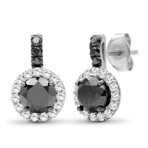 Diamond Halo Earrings – 2.00 CTW Black & White Diamond Halo Earring, Sterling Silver  Earring Band – Black Earring Diamond Earrings for Women – Birthday Gifts