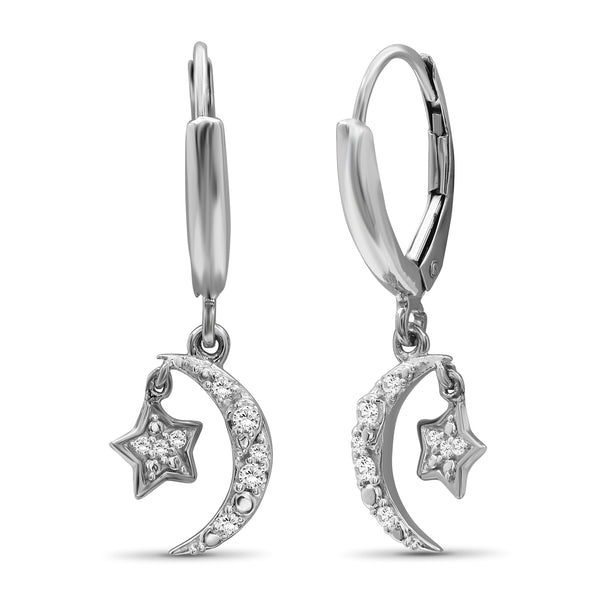 Star and Crescent Moon Earrings – White Diamond Moon and Star Jewelry – .925 Sterling Silver Earrings for Women – Star and Crescent Moon Design– Christmas Gifts for Her