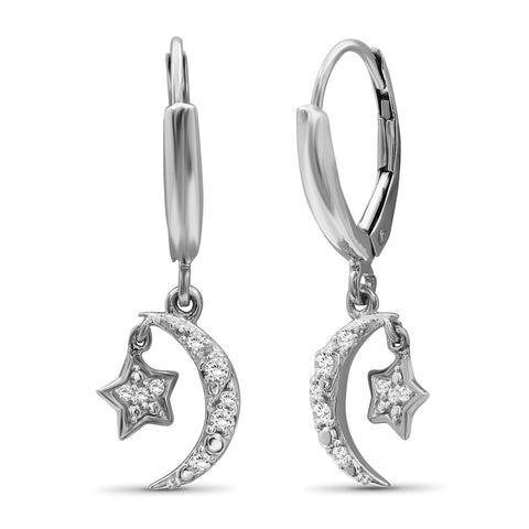 Star and Crescent Moon Earrings – White Diamond Moon and Star Jewelry – .925 Sterling Silver Earrings for Women – Star and Crescent Moon Design– Christmas Gifts for Her