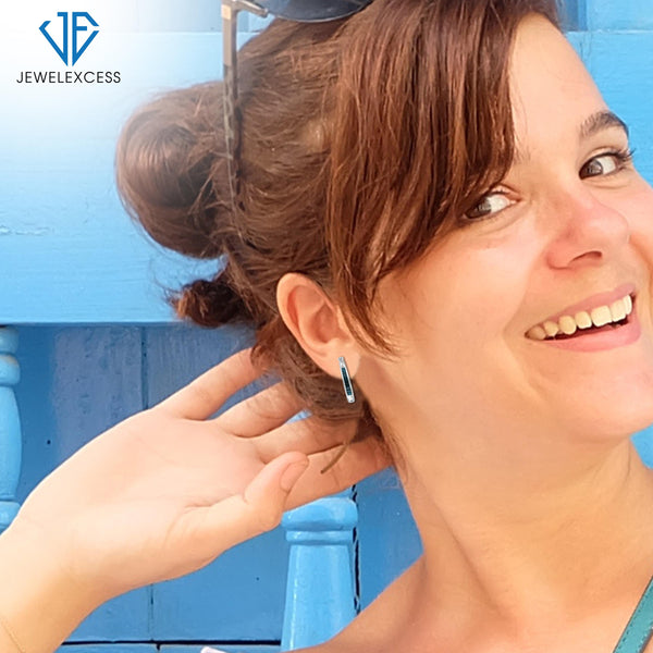 JEWELEXCESS Blue Diamond Earrings Women – 1/4-Carat Blue Diamonds Sterling Silver Hoop Earrings Small – Hypoallergenic Hoop Earrings – Small Hoop Earrings Diamond Hoops – Blue Hoop Earrings for Women