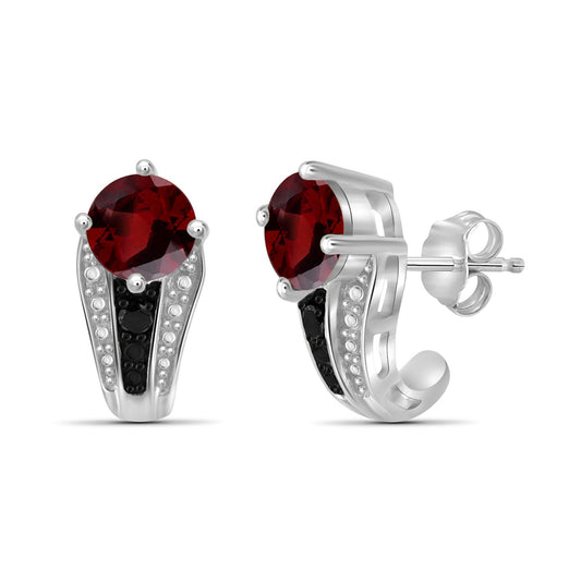 2 ct. T.G.W. Garnet J-Hoop Earrings with Black Diamond Accent in Sterling Silver