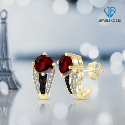 2 ct. T.G.W. Garnet J-Hoop Earrings with Black Diamond Accent in 14K Gold over Silver