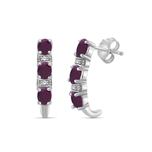 1 1/7 ct. T.G.W. Ruby J-Hoop Earrings with Diamond Accent in Sterling Silver