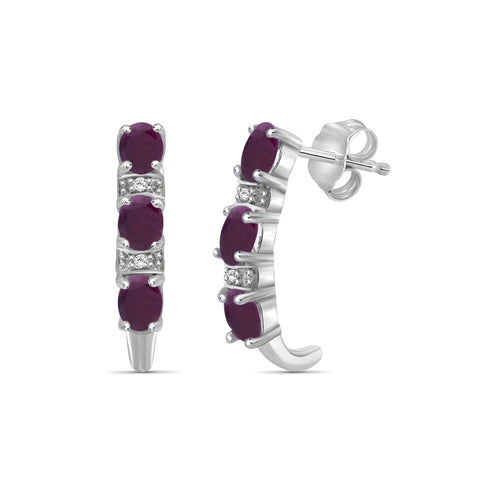 1 1/7 Carat T.G.W. Ruby and Accent White Diamond Sterling Silver J Hoop Earrings