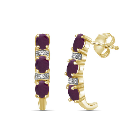 1.10 ct. T.G.W. Ruby J-Hoop Earrings with Diamond Accents in 14K Gold over Silver