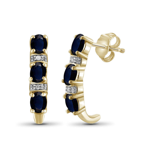 1.30 Carat T.G.W. Sapphire And Accent White Diamond Sterling Silver J Hoop Earrings Or 14K Gold-Plated