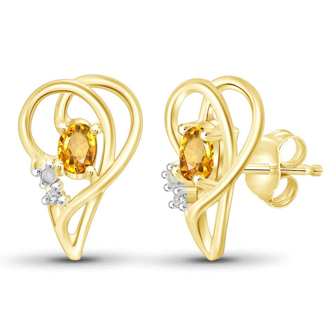 0.44 Carat T.G.W. Citrine Gemstone and White Diamond Accent 14K Gold-Plated Earrings
