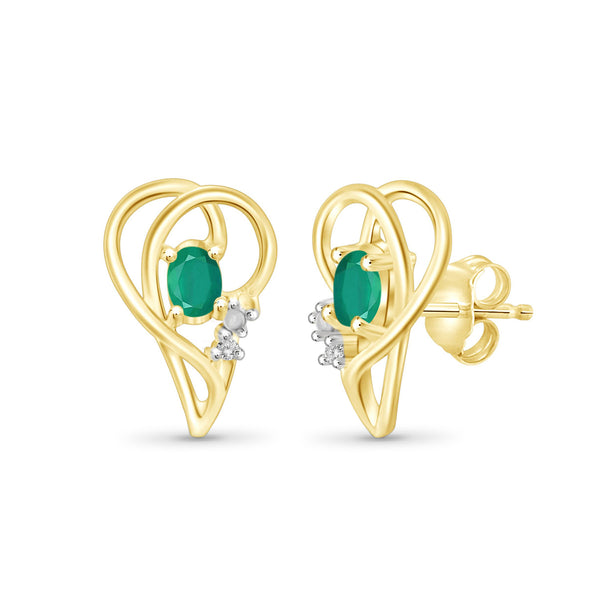 0.46 Carat Emerald Gemstone and Accent White Diamond 14K Gold-Plated Earrings