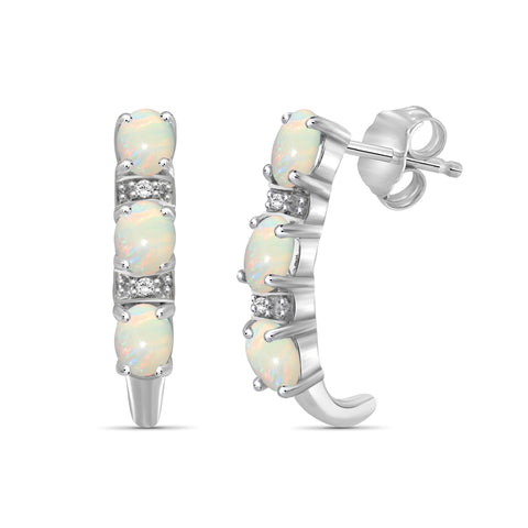 1.14 Carat T.G.W. Opal Gemstone and White Diamond Accent Dangle Sterling Silver Earrings