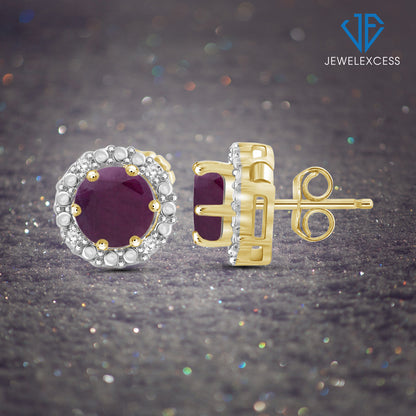 2 to 1/2 ct. T.G.W. Ruby Halo Earrings with Diamond Accent in 14K Gold over Silver