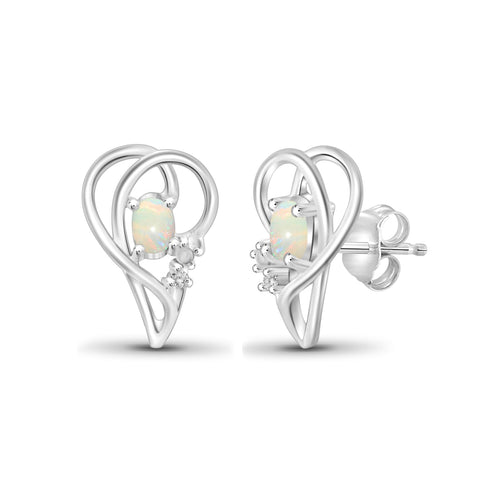 0.28 Carat T.G.W. Opal Gemstone and White Diamond Accent Sterling Silver Earrings