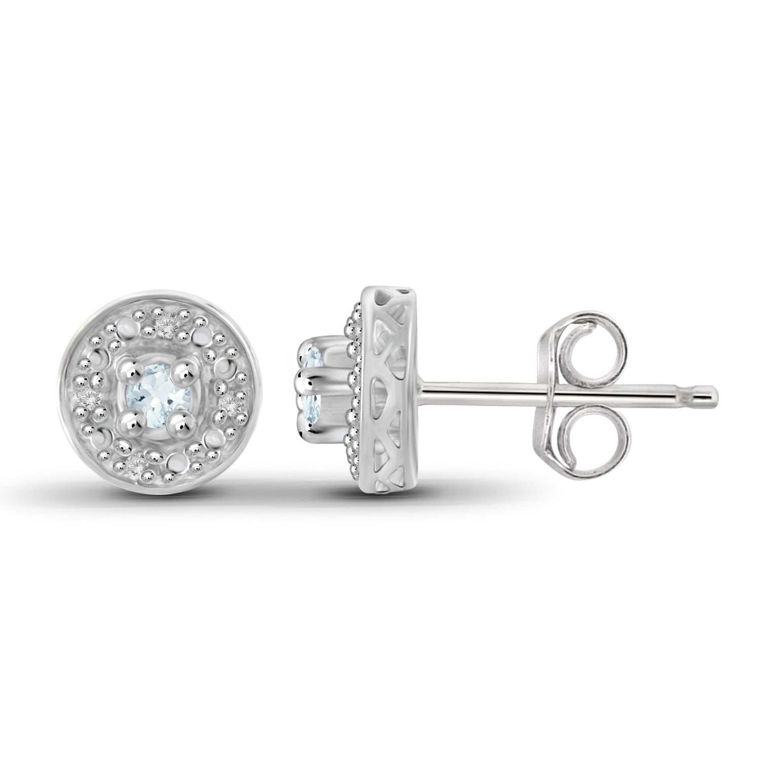 Aquamarine Accent and White Diamond Accent Sterling Silver Halo Earrings