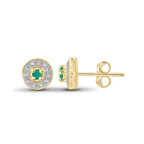 1/7 Carat T.G.W. Emerald and White Diamond Accent 14K Gold-Plated Halo Stud Earrings