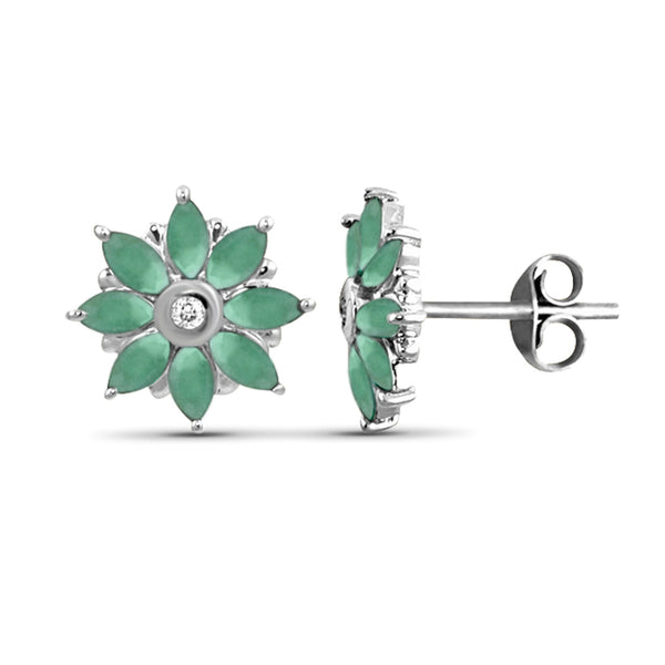 1 1/4 Carat T.G.W. Emerald And White Diamond Accent Sterling Silver Flower Stud Earrings