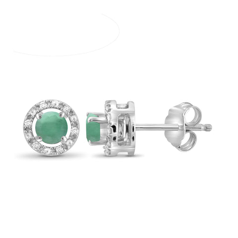 0.54 CTW Emerald & 1/20 Carat White Diamonds Halo Earrings in Sterling Silver