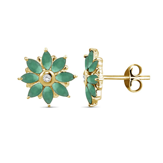 1 1/4 ct. T.G.W. Emerald Flower Stud Earrings with Diamond Accent in 14K Gold over Silver