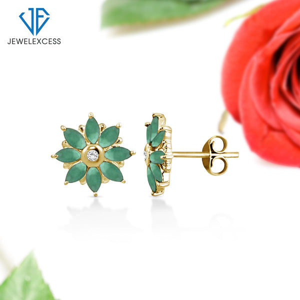 1 1/4 Carat T.G.W. Emerald And White Diamond Accent 14k Gold Over Silver Flower Stud Earrings