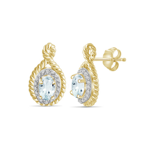 0.88 Carat Aquamarine Gemstone and Accent White Diamond 14K Gold-Plated Earrings