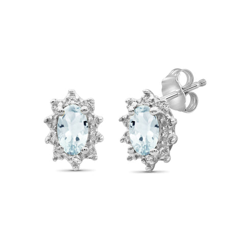 0.44 Carat Aquamarine Gemstone and Accent White Diamond Sterling Silver Earrings