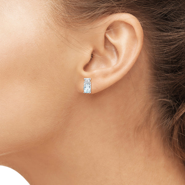 0.88 Carat Aquamarine Gemstone and Accent White Diamond Sterling Silver Earrings
