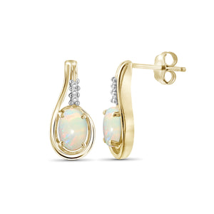0.52 Ctw Opal Gemstone & White Diamond Accent 14K Gold-Plated Earring