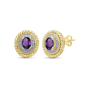 0.38 Carat T.G.W. Amethyst Gemstone and White Diamond Accent 14K Gold-Plated Stud Earrings