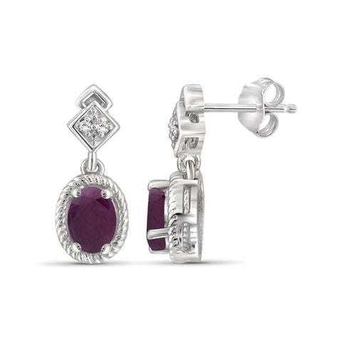 0.96 Carat Ruby Gemstone and Accent White Diamond Sterling Silver Earrings