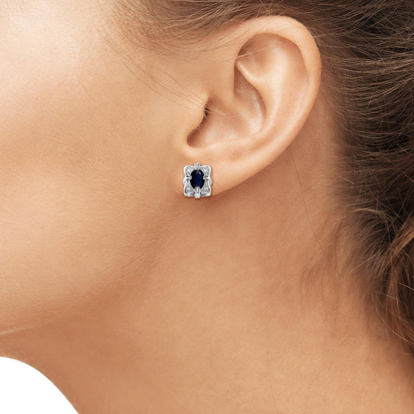 1.34 Carat Sapphire Gemstone and Accent White Diamond Sterling Silver Earrings