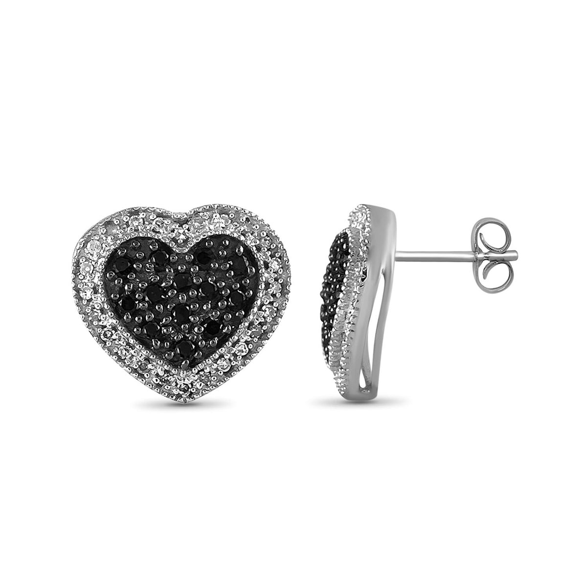 1/2 ct. T.W. Black & White Diamond Heart Earrings in Sterling Silver